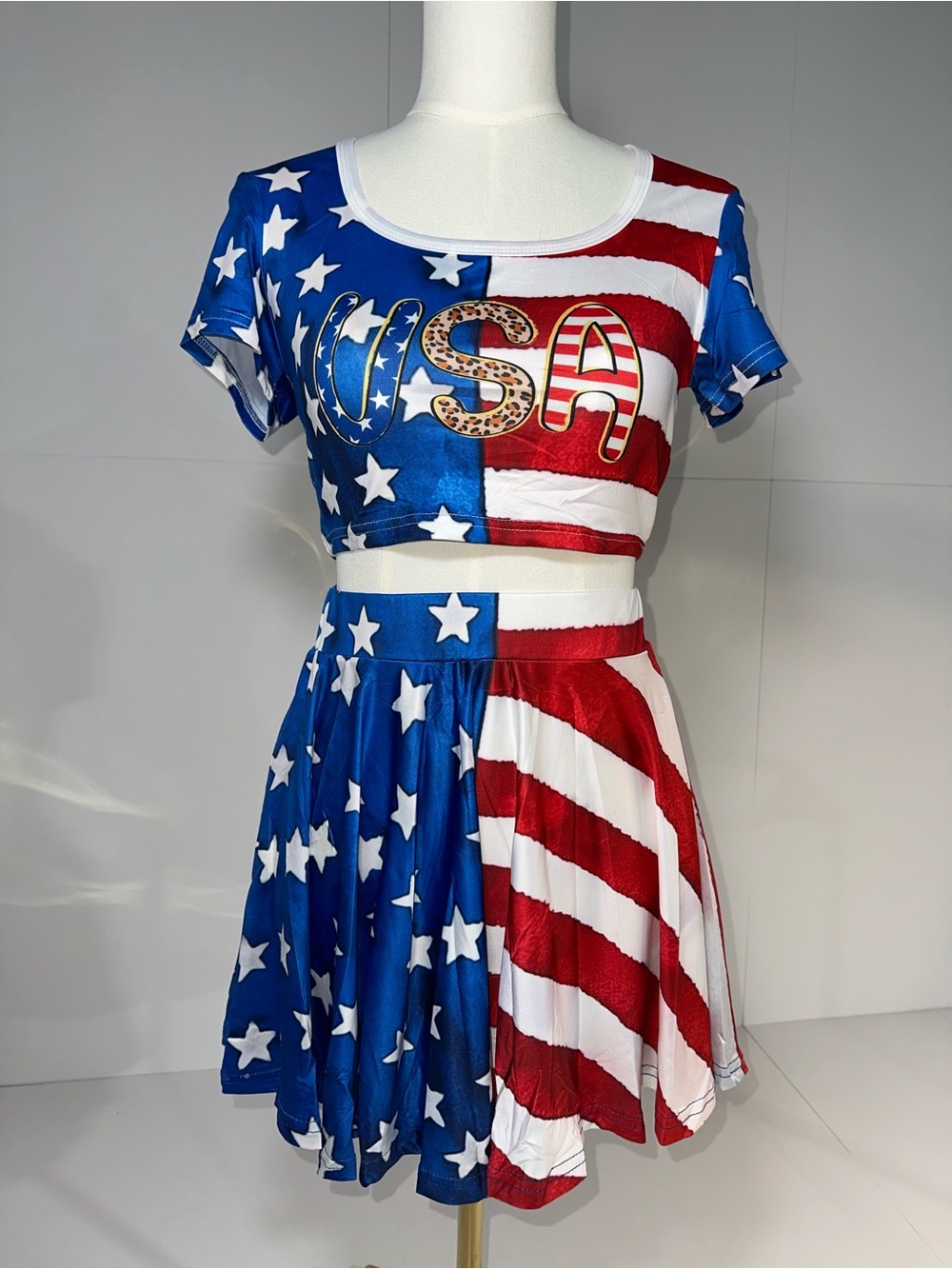 Girls' USA Flag Print Crop Top & Skirt Set - Red, White & Blue